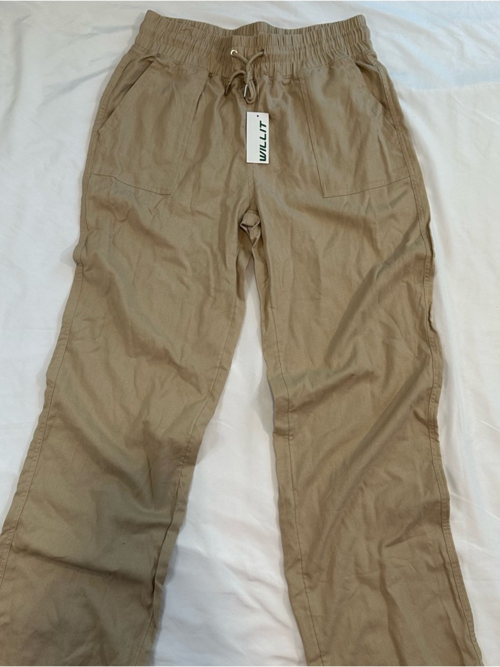 Women's Tan Elastic-Waist Linen Pants